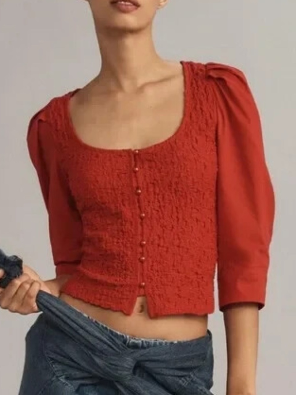 By Anthropologie Smocked Cardigan Top Classic Chic Femme RED pearl Blouse - XL